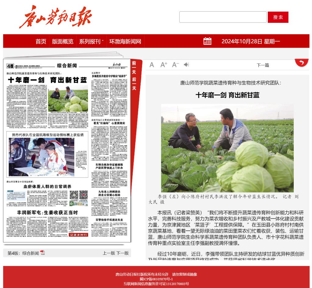 《唐山劳动日报》——伟德国际victor1946官网蔬菜遗传育种与生物技术研究团队：十年磨一剑 育出新甘蓝