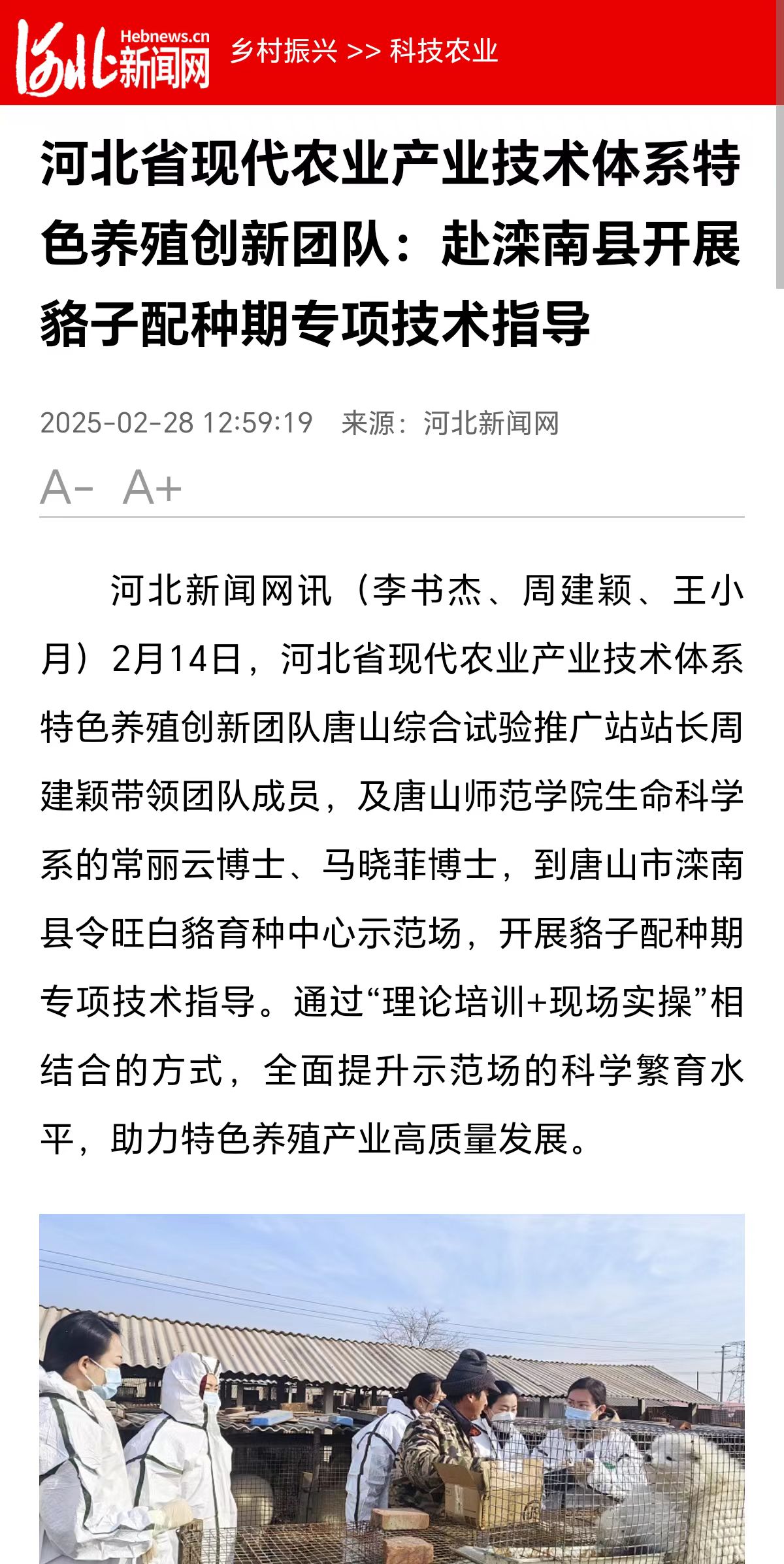 《河北新闻网》——河北省现代农业产业技术体系特色养殖创新团队:赴滦南县开展貉子配种期专项技术指导